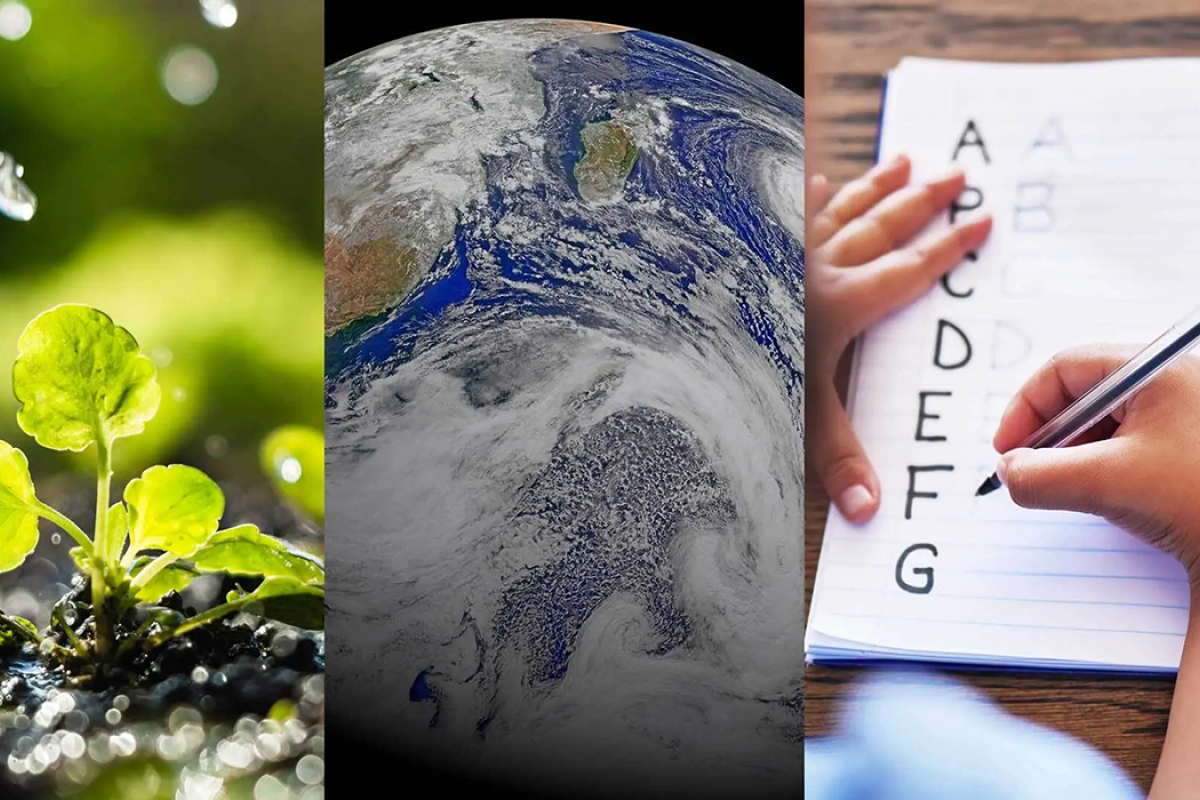 Plant emerging from the soil, space view of Earth, a child writing letters from the alphabet on a paper.