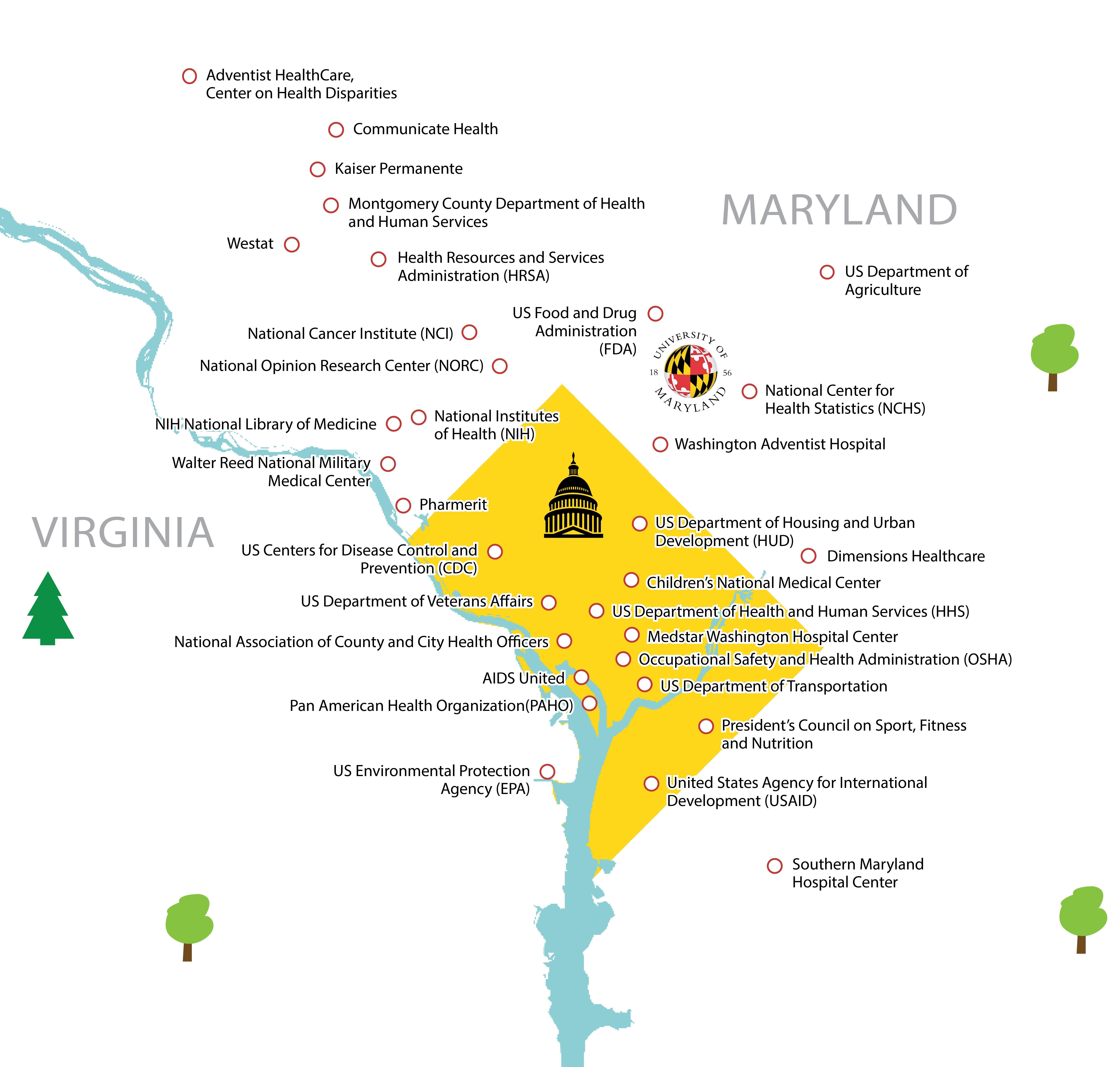 DC-Maryland-Virginia map illustration showing location of University of Maryland and its proximity to many major health institutions.