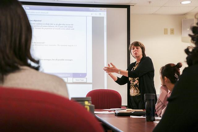 Dr. Cynthia Baur gives a presentation in front of people sitting at conference tables..