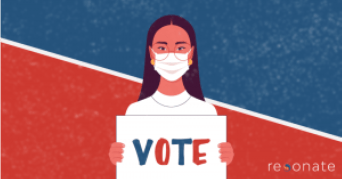 Graphic of a woman wearing a mask holding a sign that says vote.