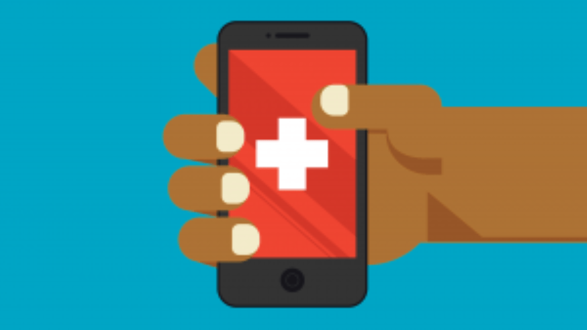 Graphic of a hand holding a smartphone with a picture of a red background and white cross.