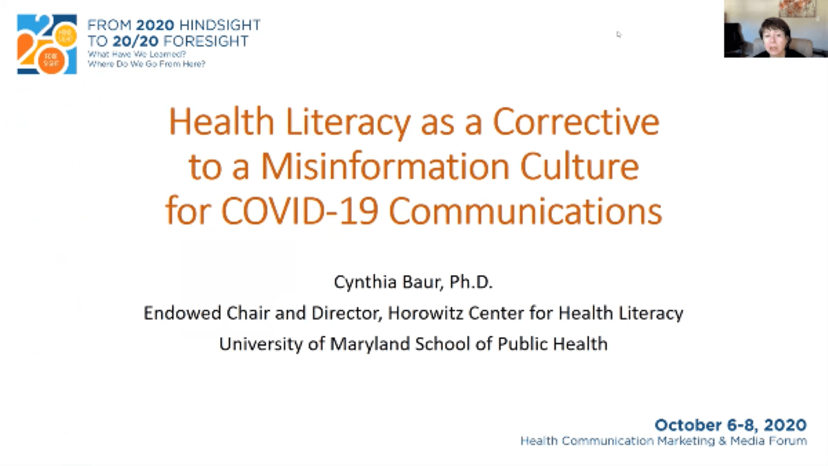 Presentation slide that reads "Health Literacy as a corrective to a misinformation culture for COVID-19 communications"