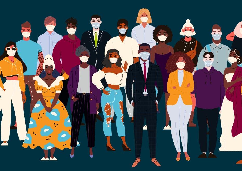 Illustration of diverse group of people wearing masks