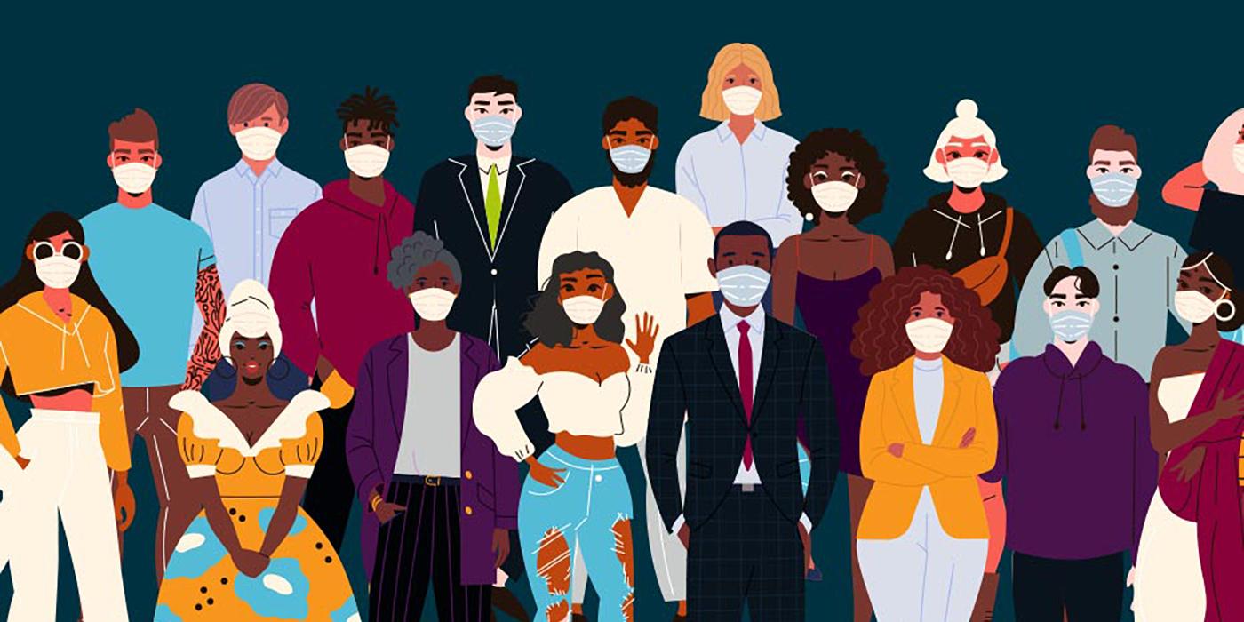 Illustration of diverse group of people wearing masks and ethnic clothing