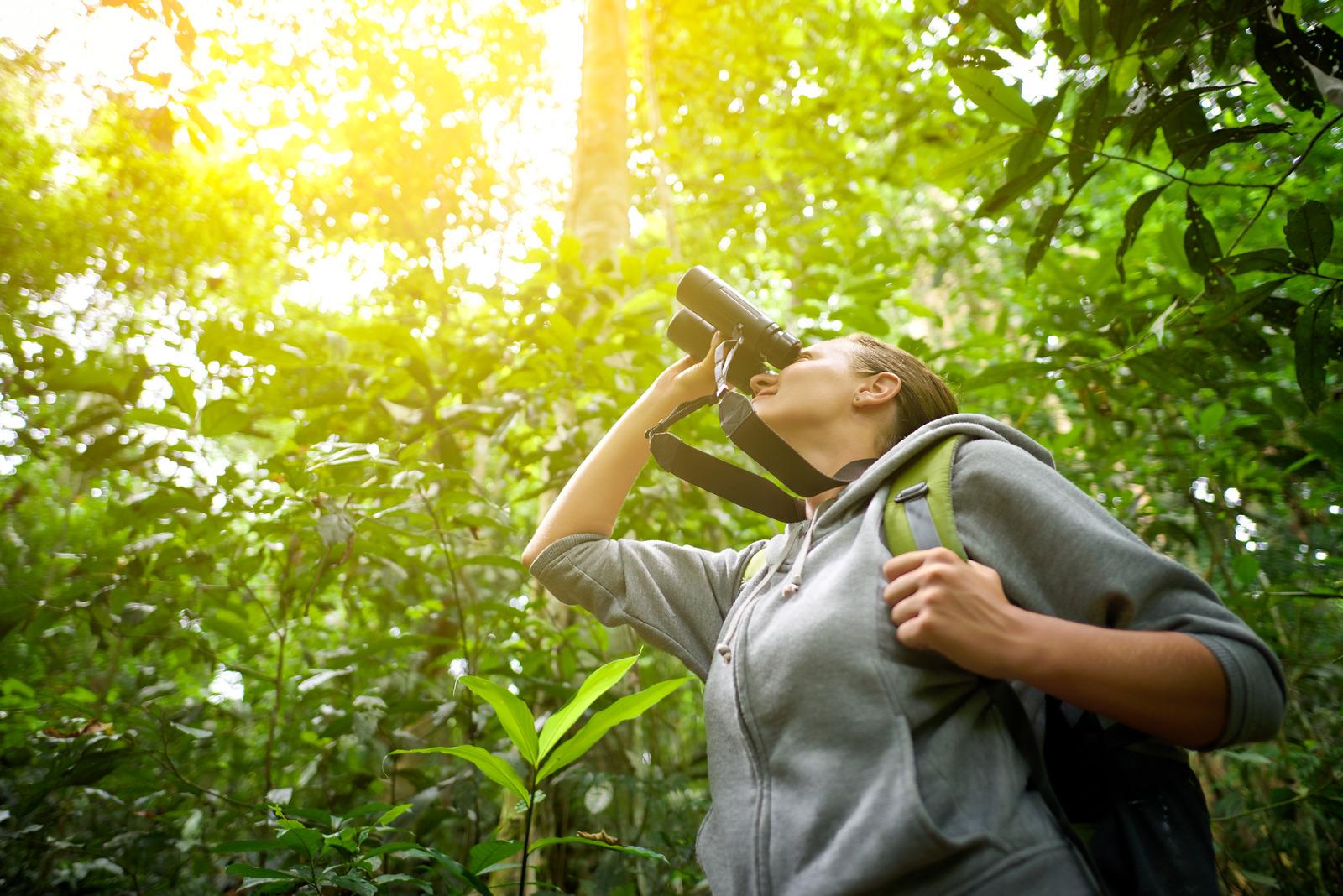 Tourist looking through binoculars in the woods