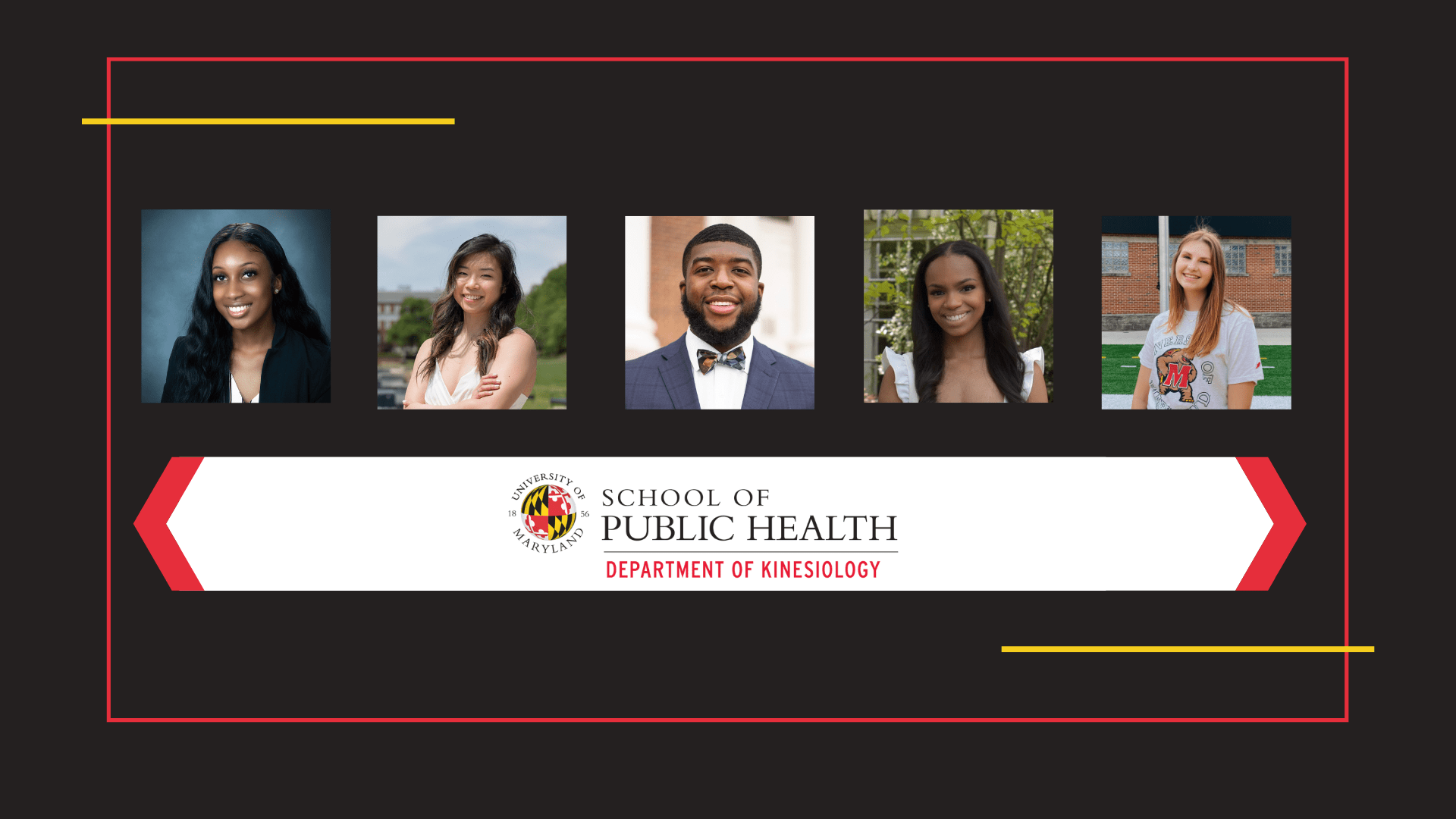 five headshots of students against a black background with red border.