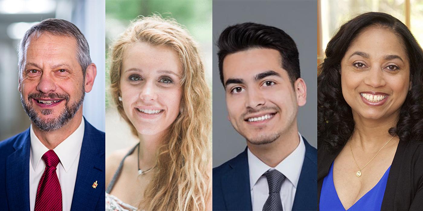 Boris Lushniak, Isabella Gordon, Fabian Donate and Joseline Peña-Melnyk, Spring 2021 commencement speakers.