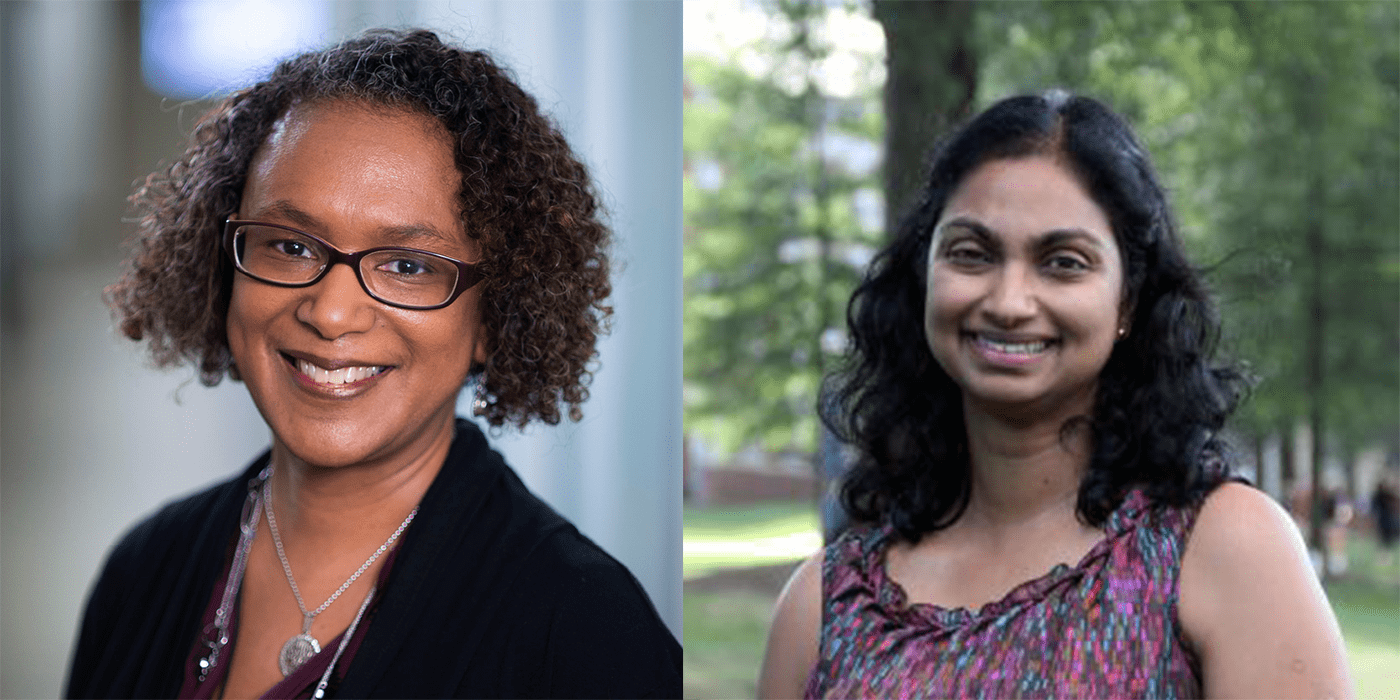 Dr. Payne-Sturges, faculty member of the School of Public Health, and Dr. Sangaramoorthy, woman with black hair and wearing colorful garment.