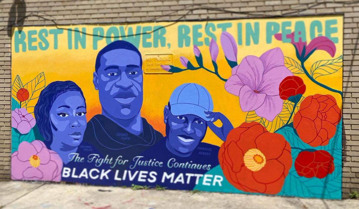 Mural of Breonna Taylor, George Floyd and Ahmaud Arbery in Washington, DC with words Rest in Power, Rest in Peace, the fight for justice continues, Black Lives Matter