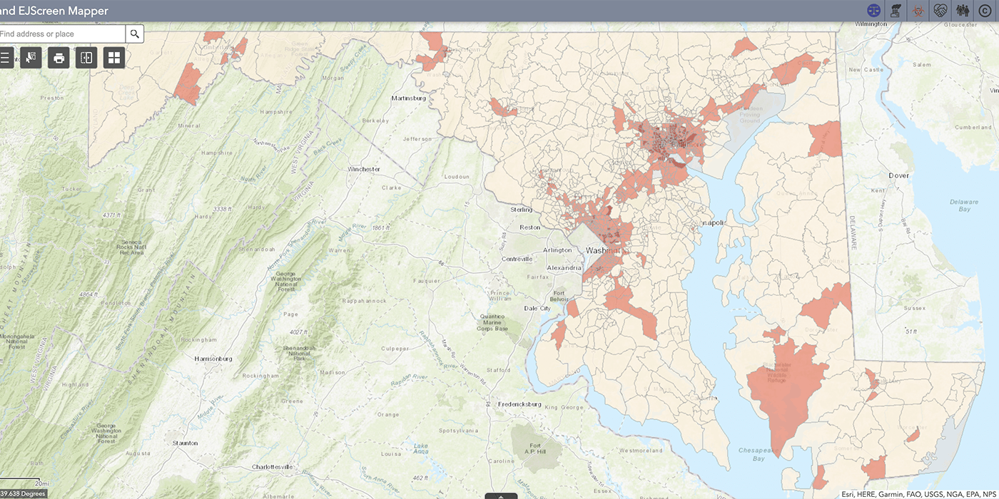 Maryland map showing environmental justice areas of concern