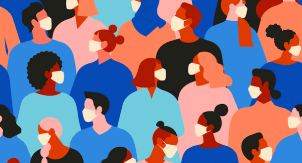 paint style image of diverse group of people wearing masks