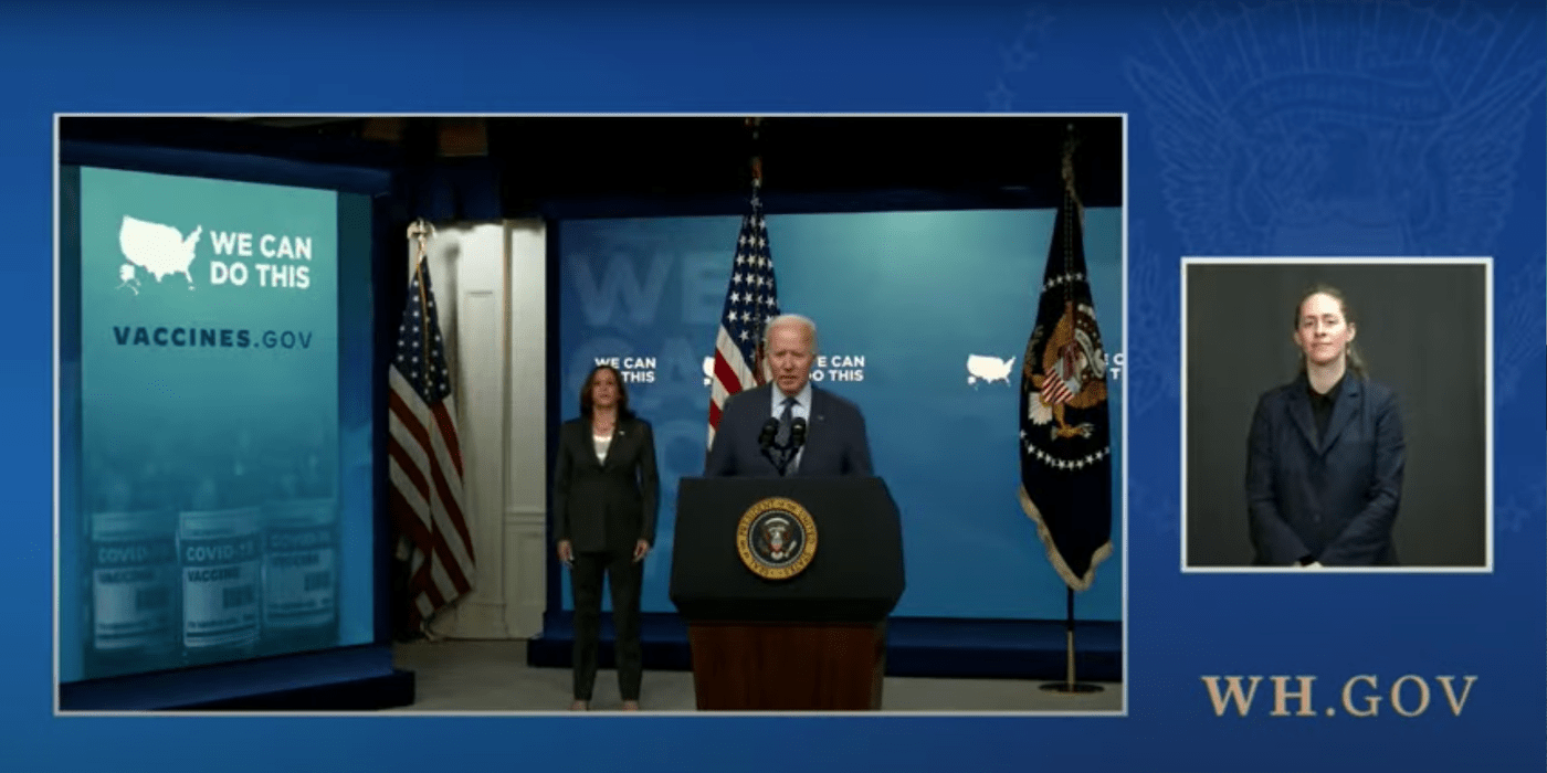 Joe Biden standing in front of blue background, text says "we can do this vaccine.gov." Kamala Harris is standing behind him.
