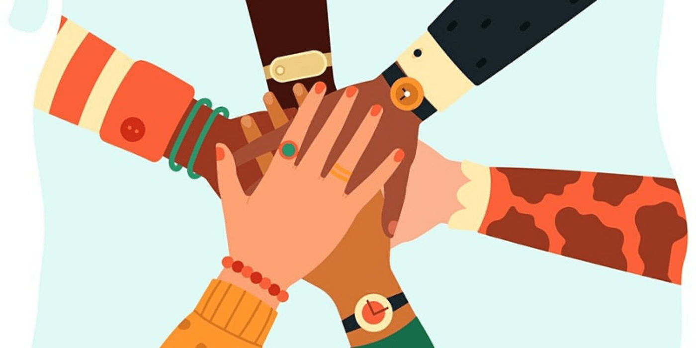 Illustration of people piling hands