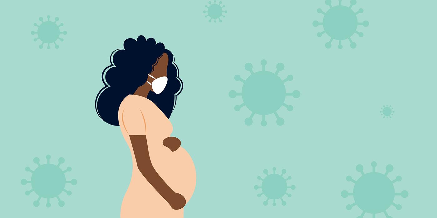 Illustration of pregnant Black woman with long hair holding her belly and wearing a mask with coronavirus cells in background.