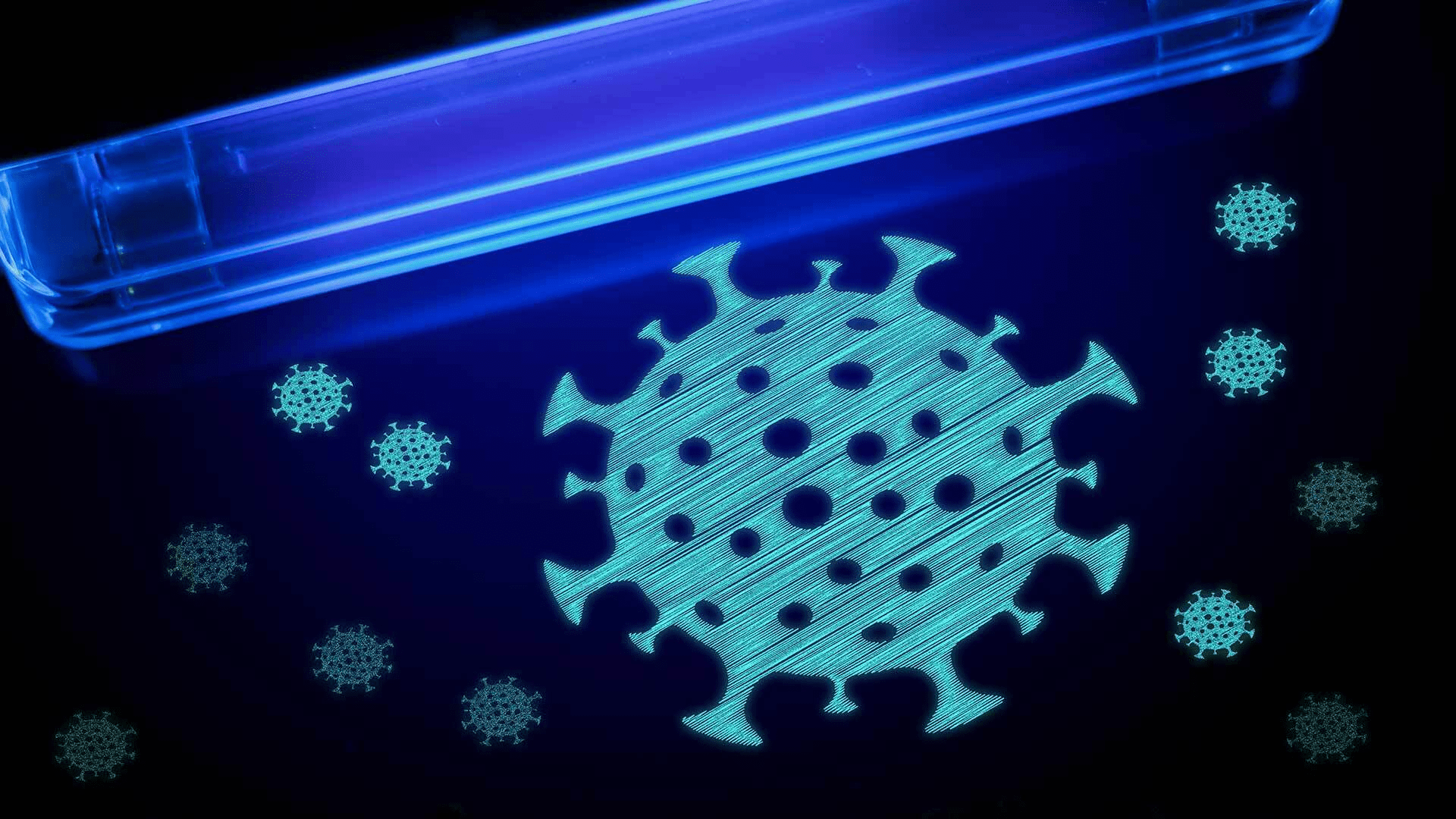 Illustration showing UV light shining on virus cells