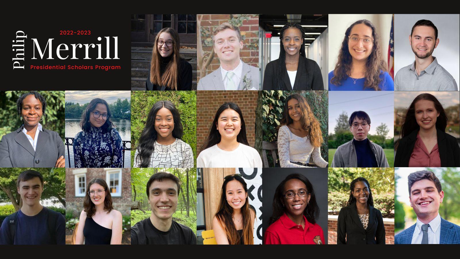 Headshots of 19 college students named Merrill Scholars.