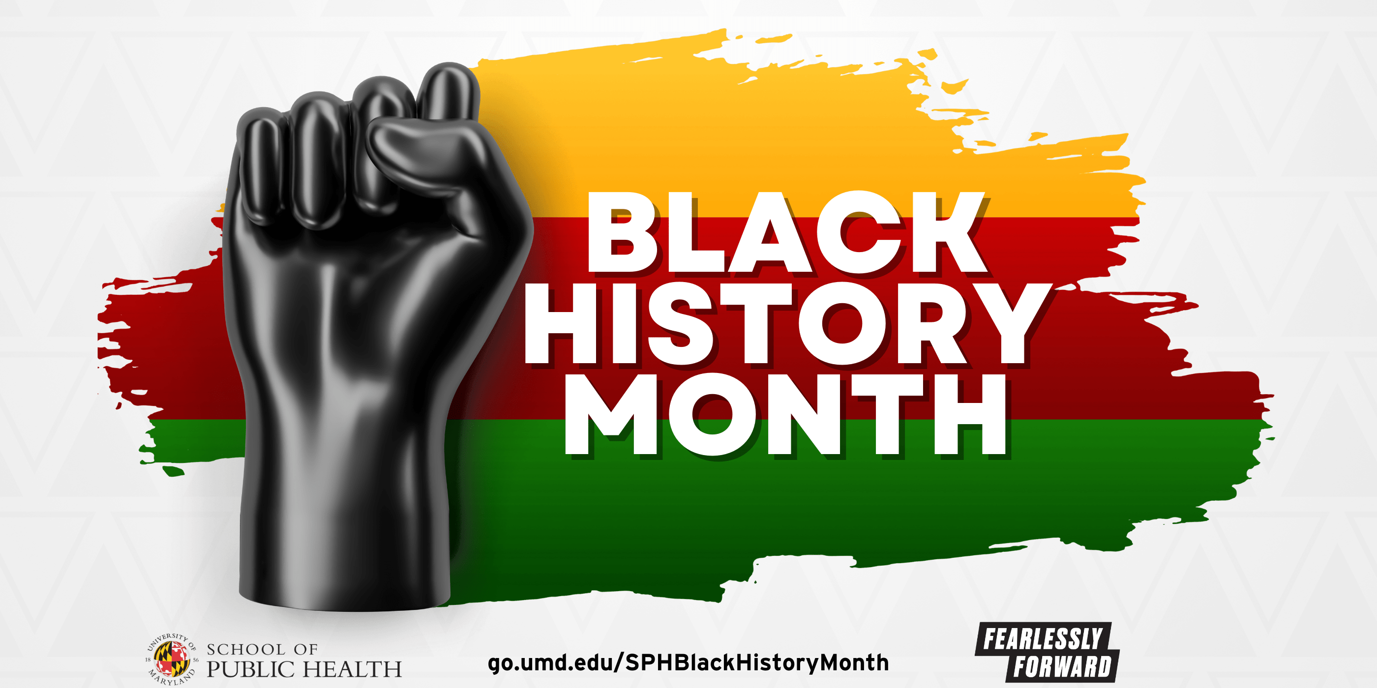 An all black raised fist on the left, the words "Black History Month" in the middle, all with African toned colors of yellow, black and green in the background