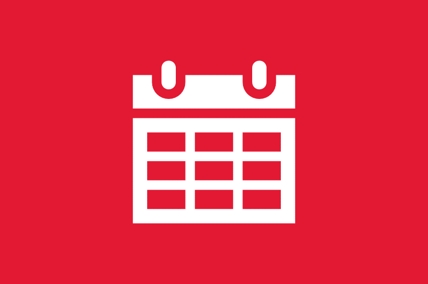 Icon of a calendar. White icon on red background.