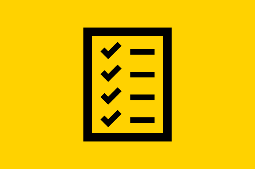 Icon of a document containing a checklist. Black icon on yellow background.