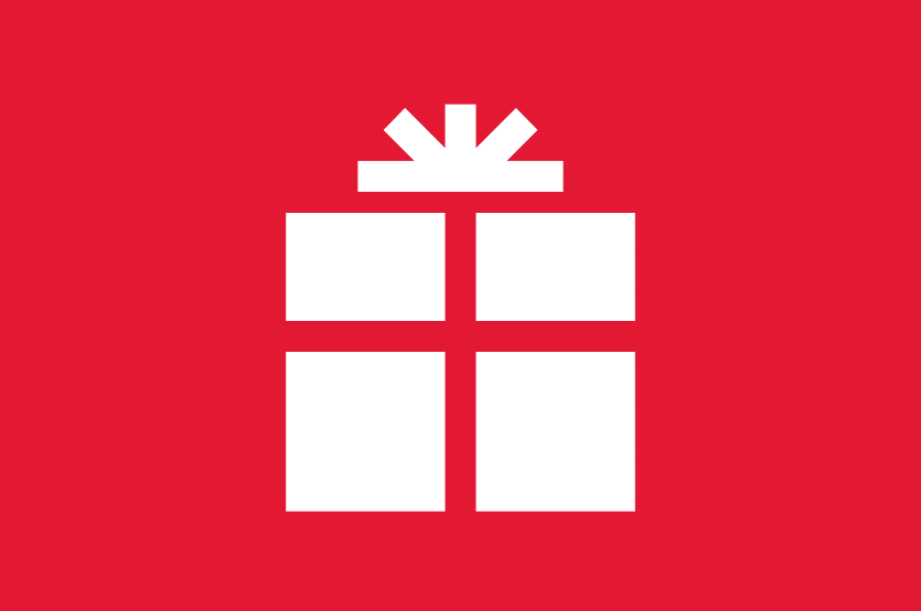 Icon of a present box with a bow on top. White icon on red background.