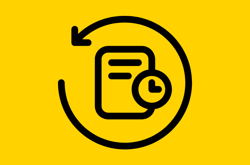 Icon of a document with a small clock over it. A counterclockwise arrow encircles the document and clock. Black icon on yellow background.