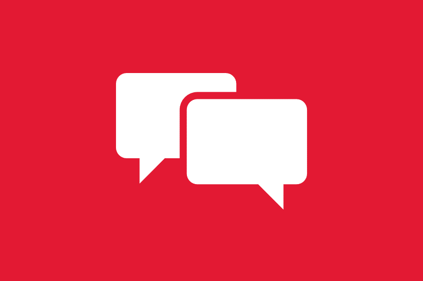 Icon of two overlapping speech bubbles. White icon on red background.