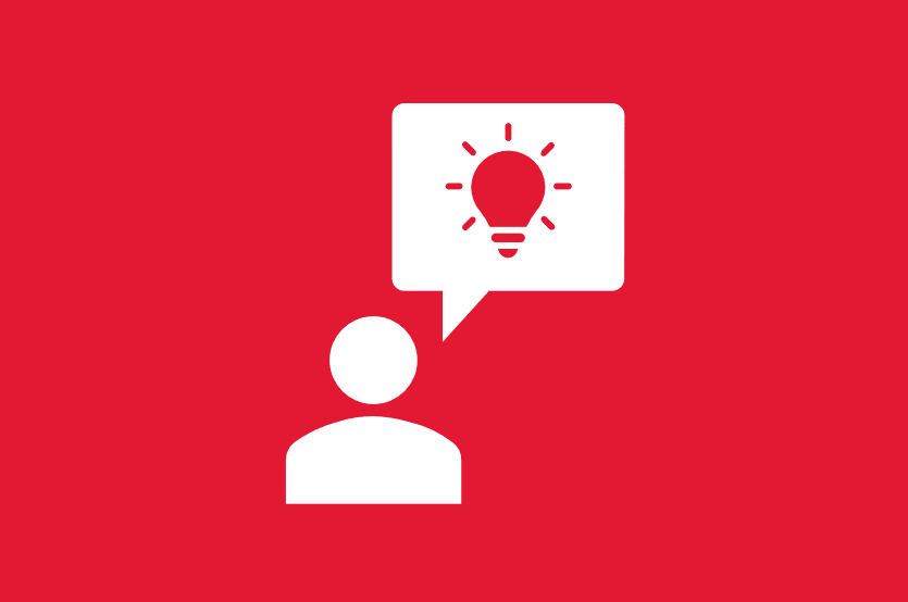 Icon of a person with a speech bubble with a lightbulb in it. White icon on red background