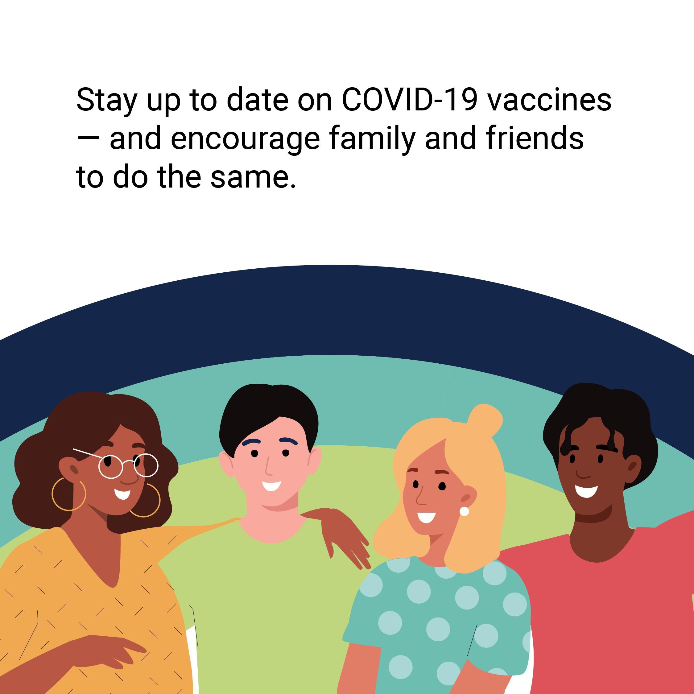 Drawing of four people smiling with their arms around each other. Text above the people reads "Stay up to date on COVID-19 and encourage family and friends to do the same."