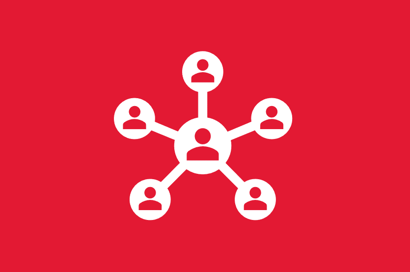 Icon of a person in the center with five branches to smaller icons of people, representing a hub. White icon on red background.