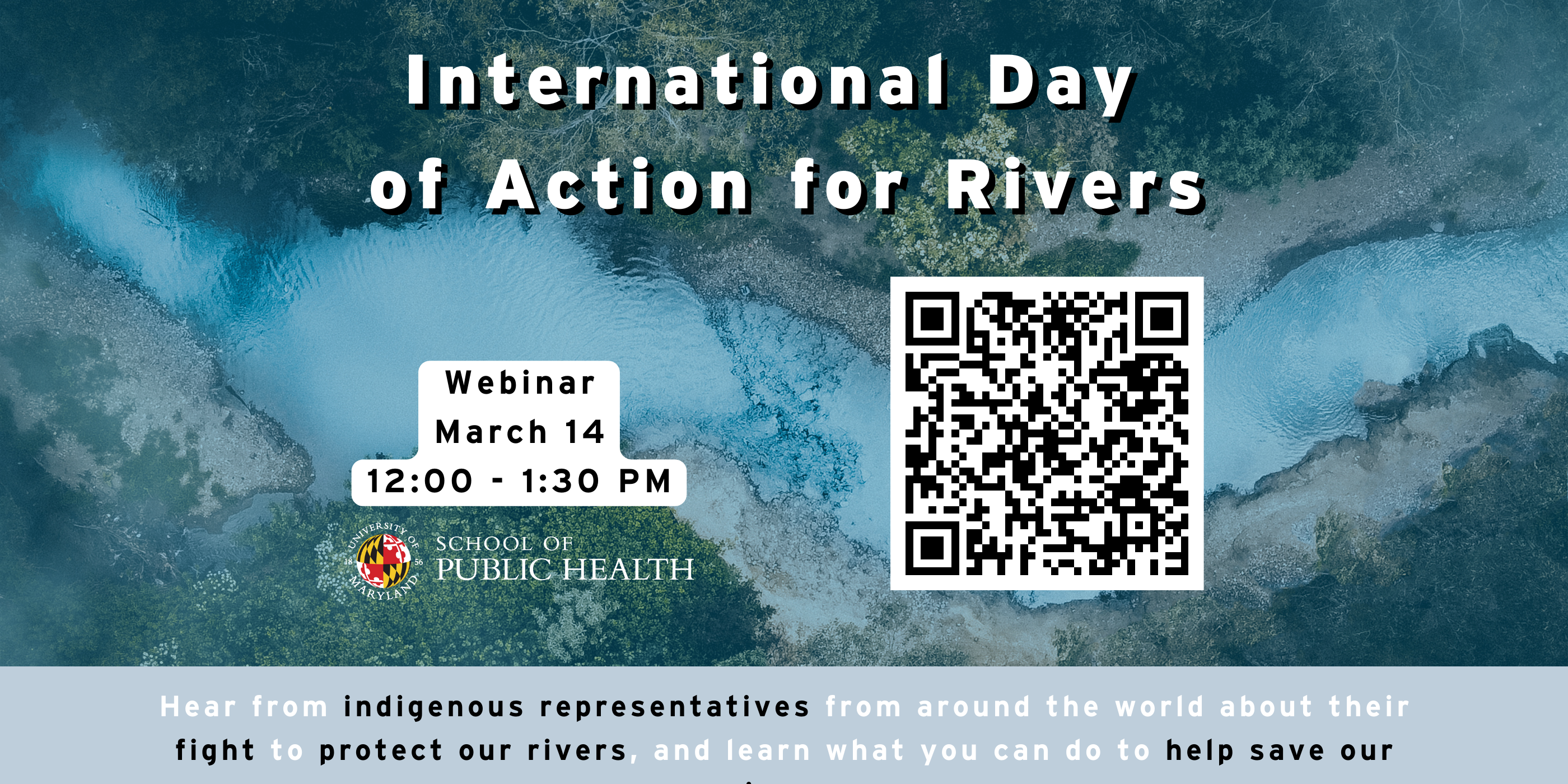 Webinar flyer with a birds eye view of a river as the background