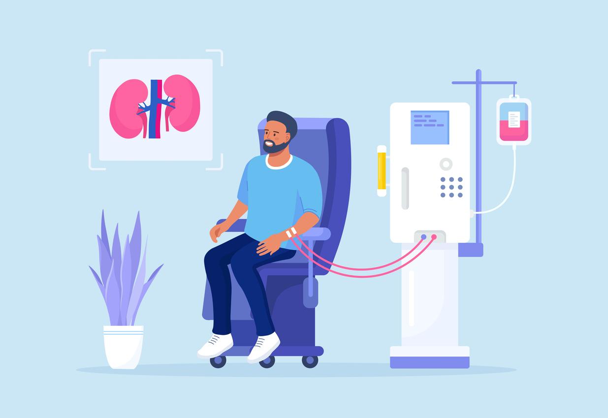 Illustration of man sitting in chair and getting kidney disease treatment.