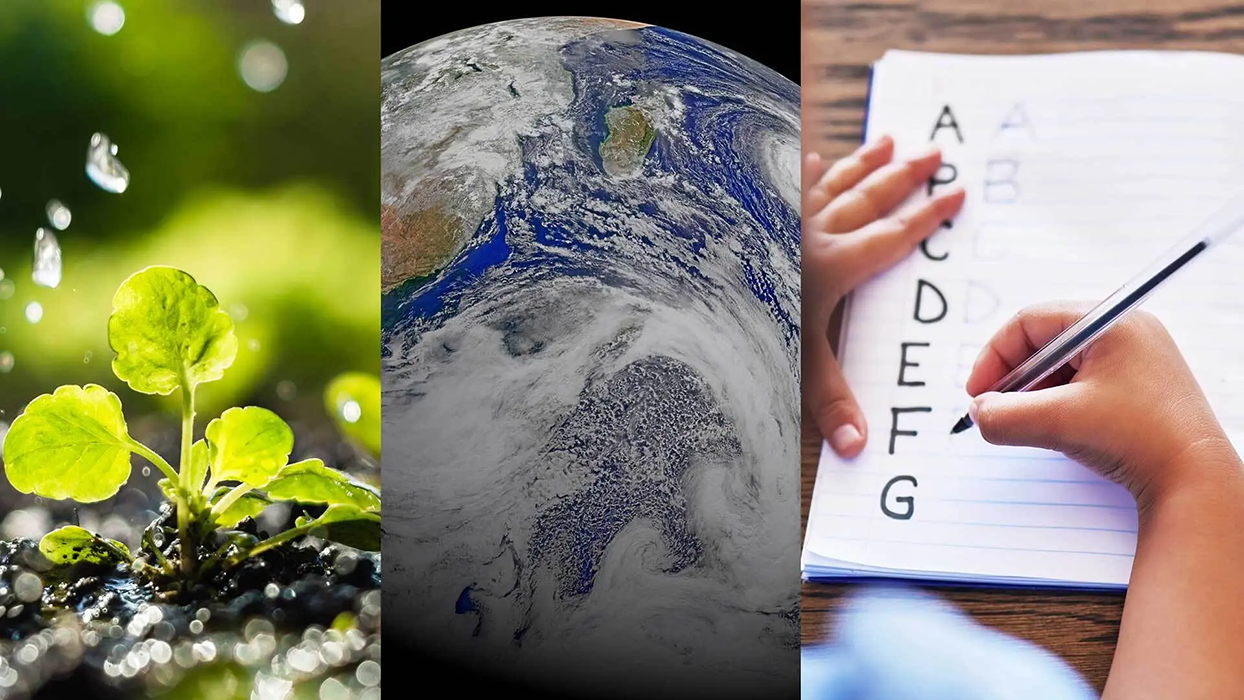 Plant emerging from the soil, space view of Earth, a child writing letters from the alphabet on a paper.