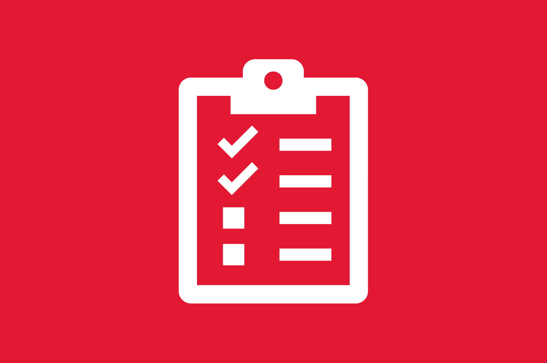 Icon of a half-completed checklist on a clipboard. White icon on red background.
