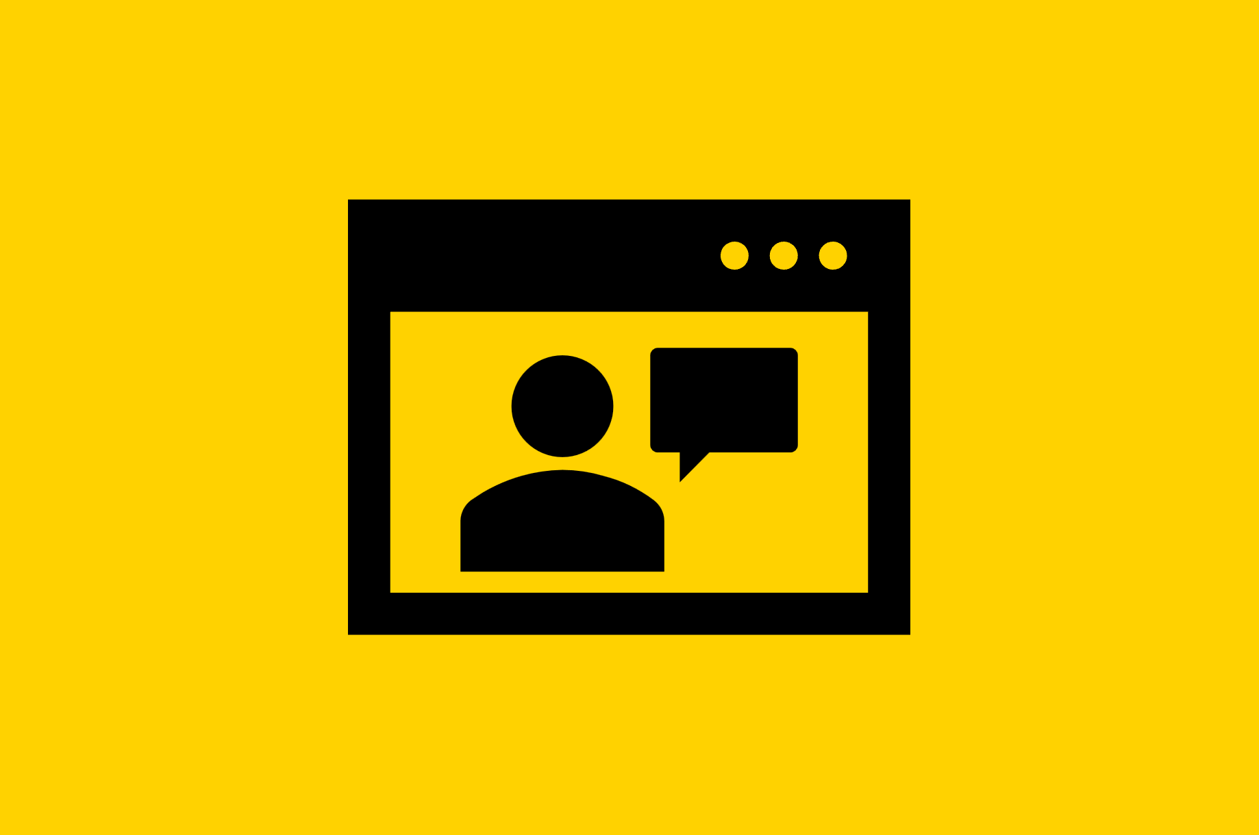 Icon of a person with a speech bubble within a web browser. Black icon on yellow background.