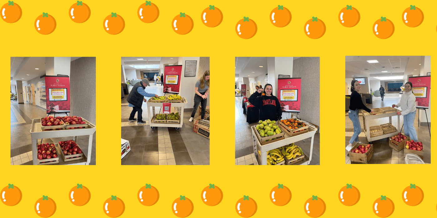 Collage of photos showcasing the fruit stand 