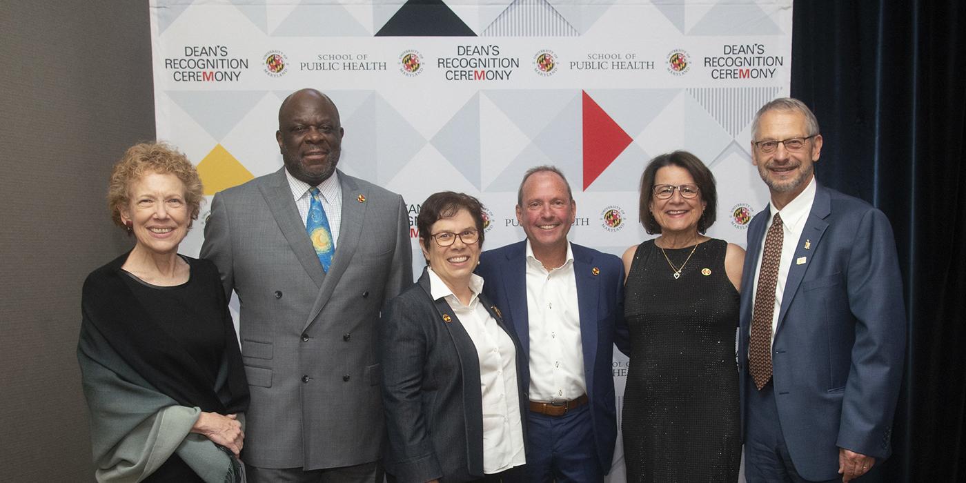 Robin Mockenhaupt, Joseph Wright, Olivia Carter-Pokras, Cory Easton, Gloria Friedgen and Boris Lushniak at the Dean's Recognition Ceremony on May 5, 2023