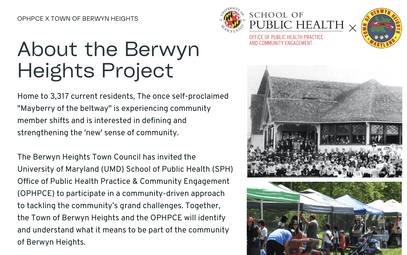 Text about the Berwyn Heights project with images of the town