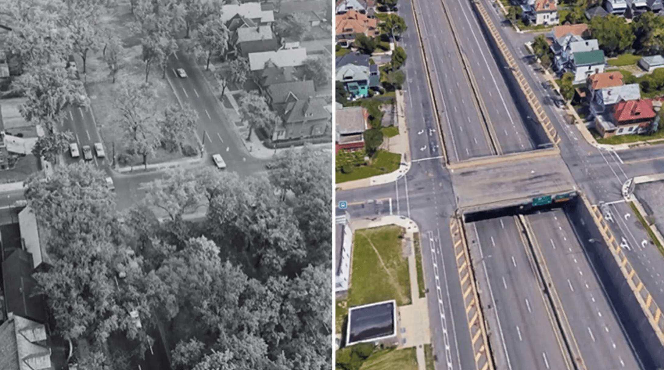 A once pictureque green space (left image), Buffalo's Humboldt Parkway was a space for relaxation and play, and connected city residents with major parks. Then a mid-20th century highway project (right) cut through the city's Black neighborhoods in particular, affecting the welfare of residents.  Photos courtesy of Buffalo Olmsted Parks Conservancy
