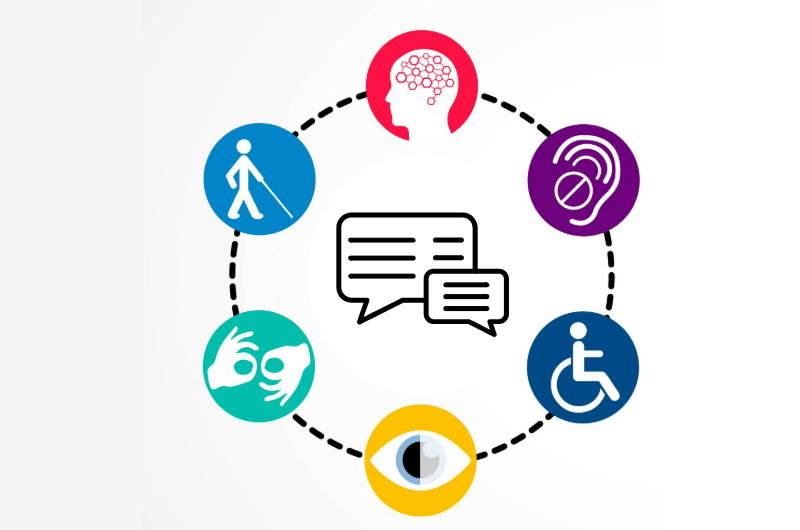 icons of various disabilities surrounding two speech bubbles