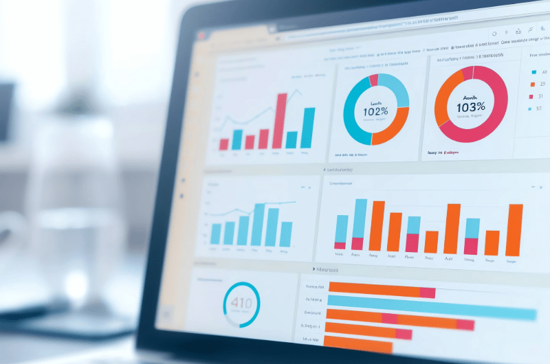 Computer screen showing multiple colorful bar and circle graphs