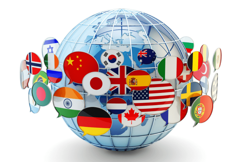 Globe encircled by national flags in the shapes of speech bubbles