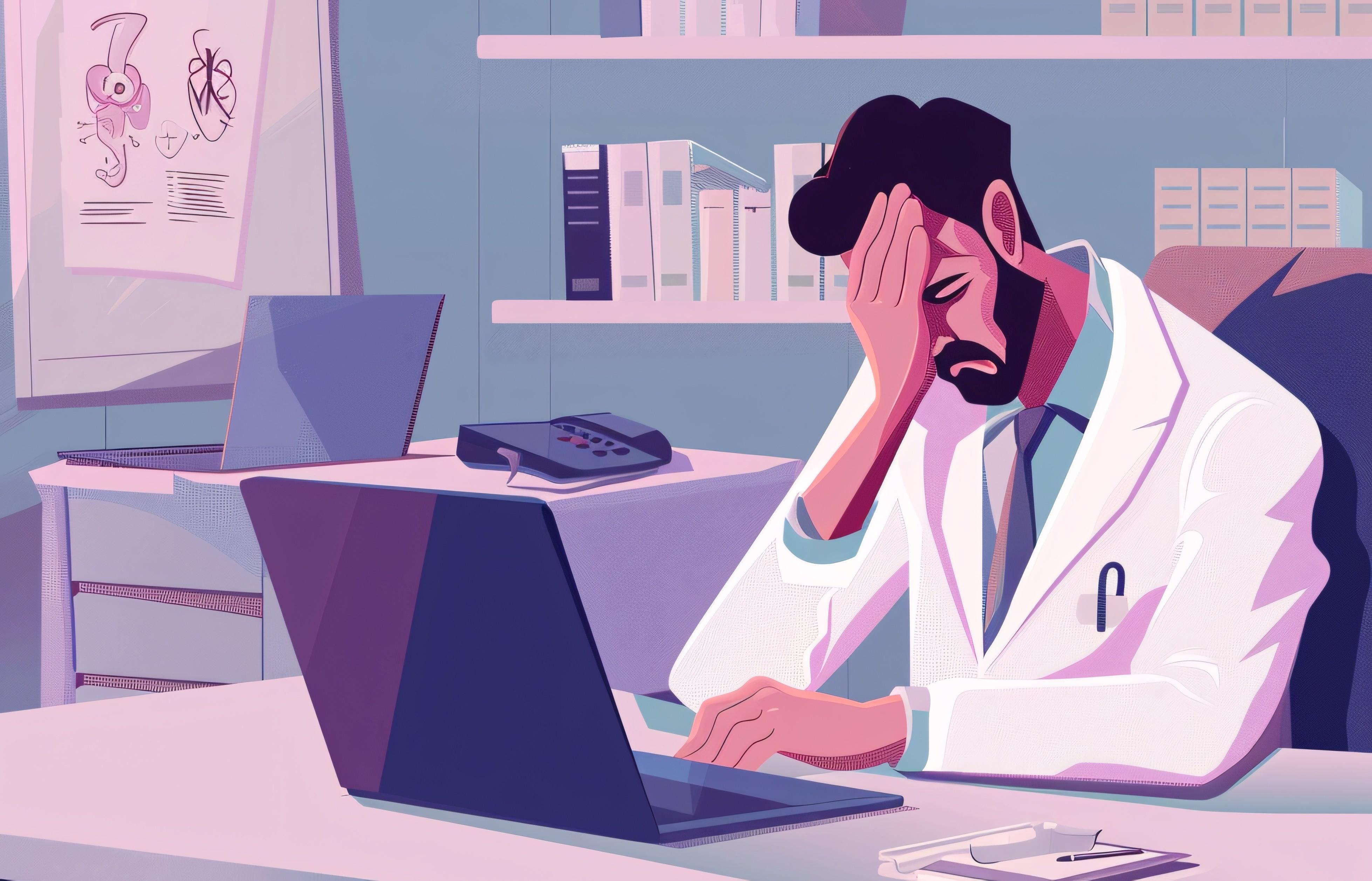 Illustration of a frustrated doctor at a computer. 