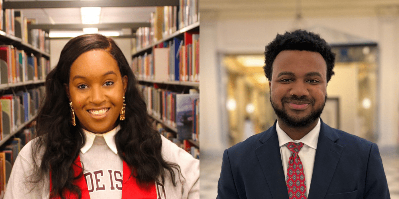 side by side photos of two Black college students in formal attire