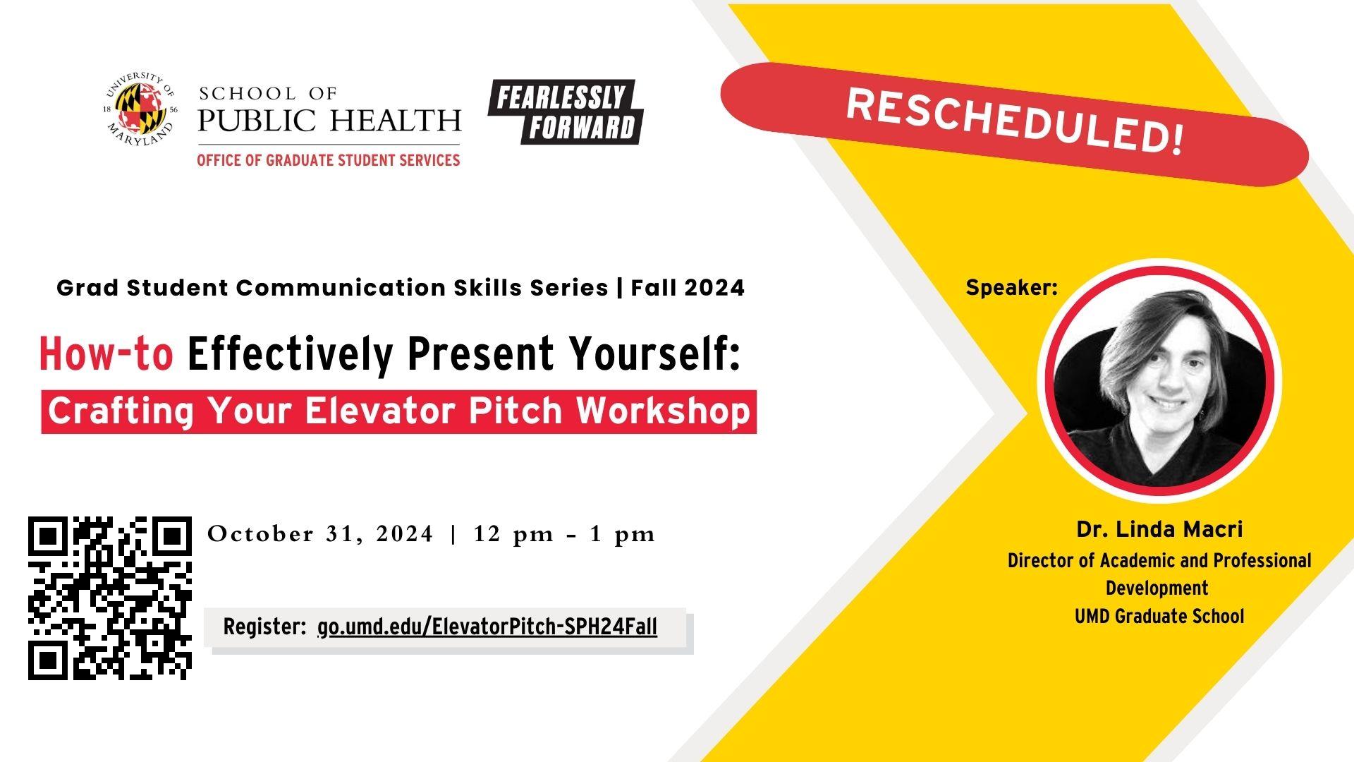 New Date for Elevator Pitch Workshop Oct. 31