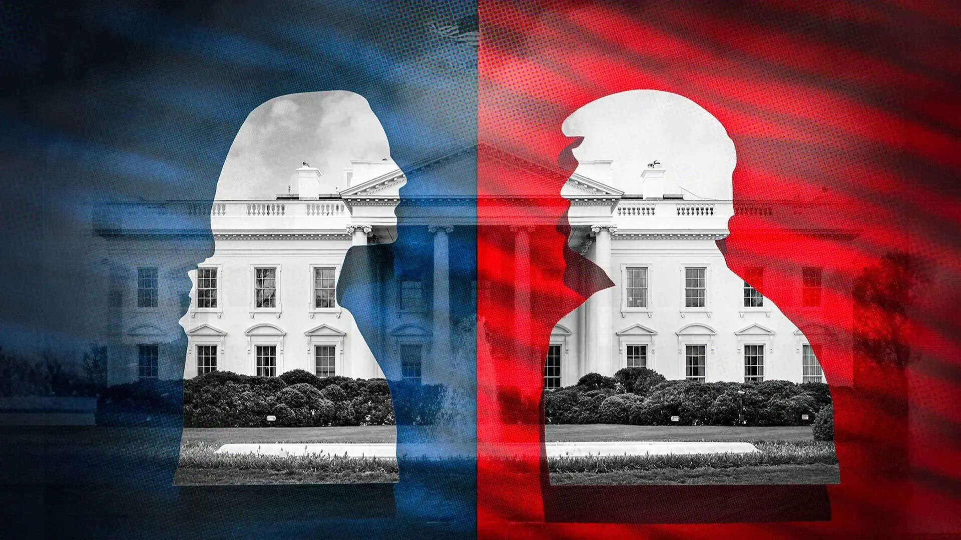 Outline of Kamala Harris (left) and Donald Trump (right) overlaying a photo of the white house, with the background colors representing that their party affiliation