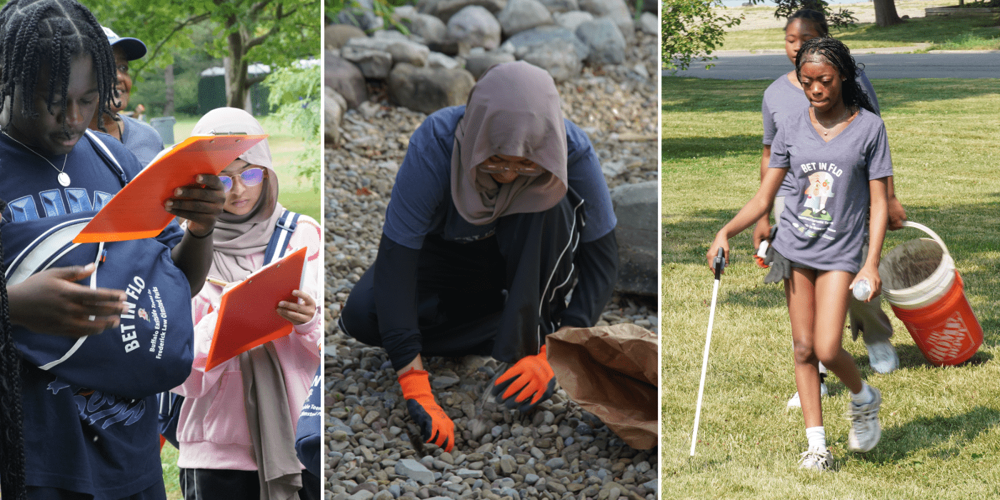 Tryptich of students outside doing maintenance and learning