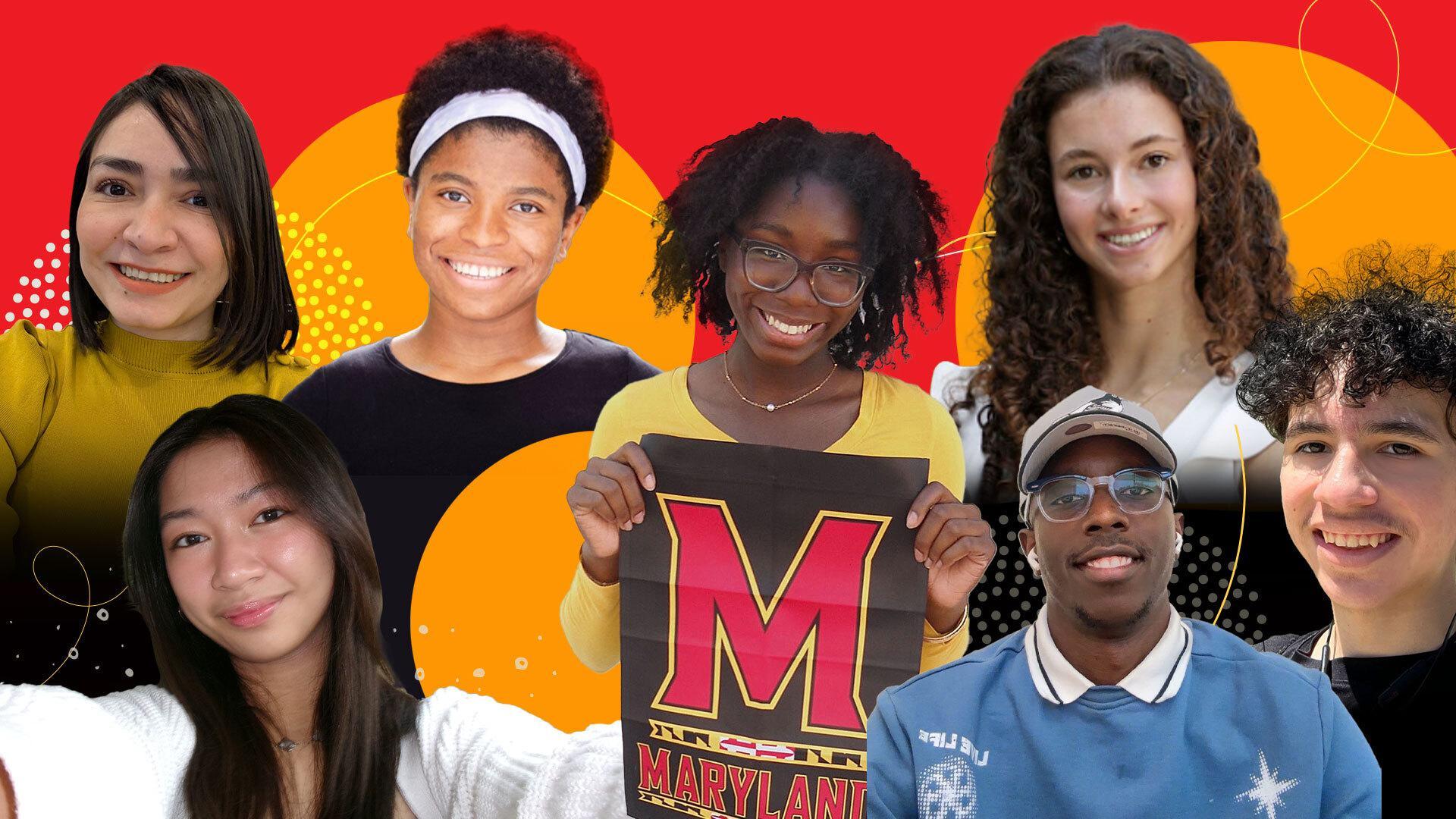 collage of seven different students head and shoulders on a red background