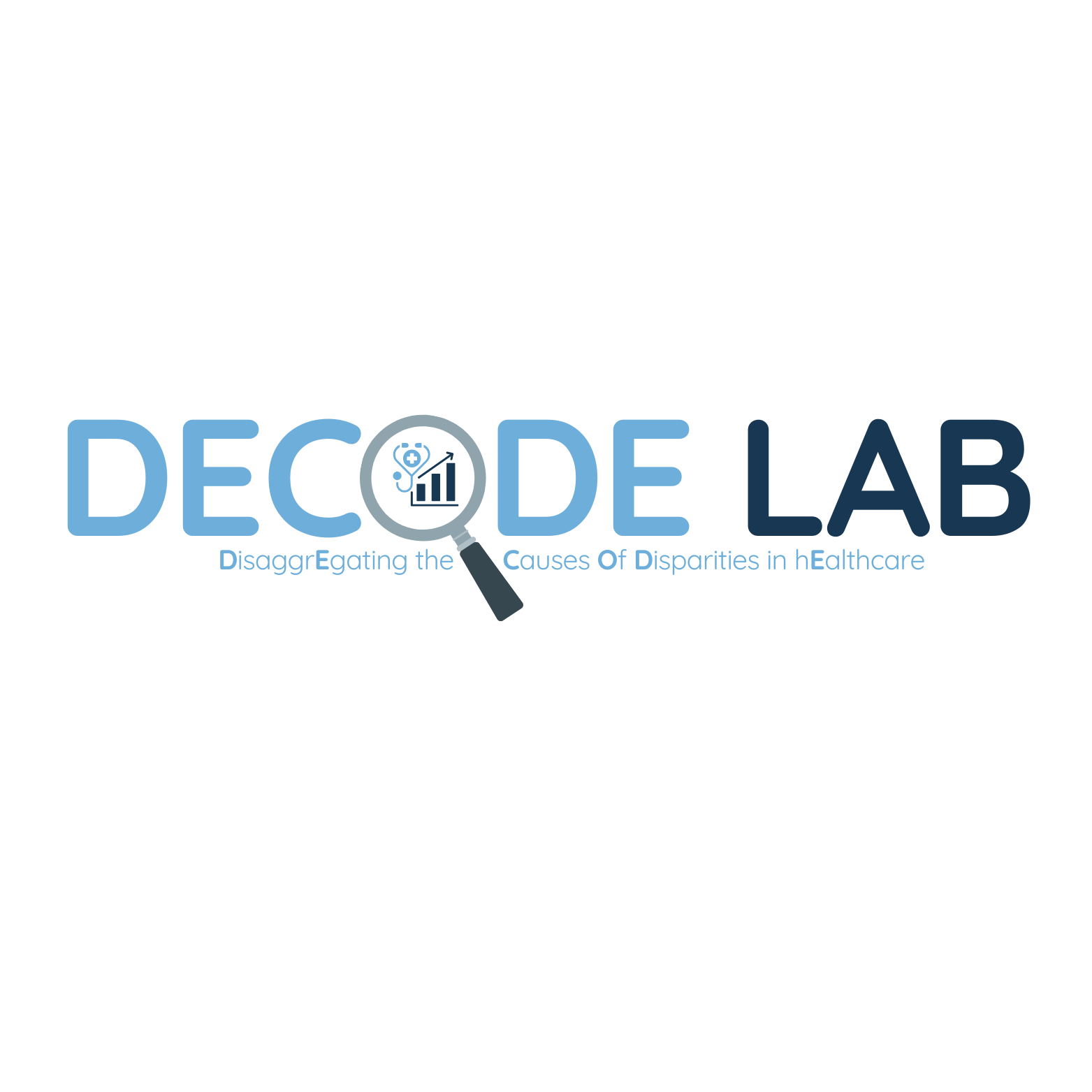 Lab logo in blue that reads DECODE LAB, where the "O" in DECODE is a magnifying glass. Underneath DECODE it says "Disaggregating the Causes of Disparities in Healthcare"