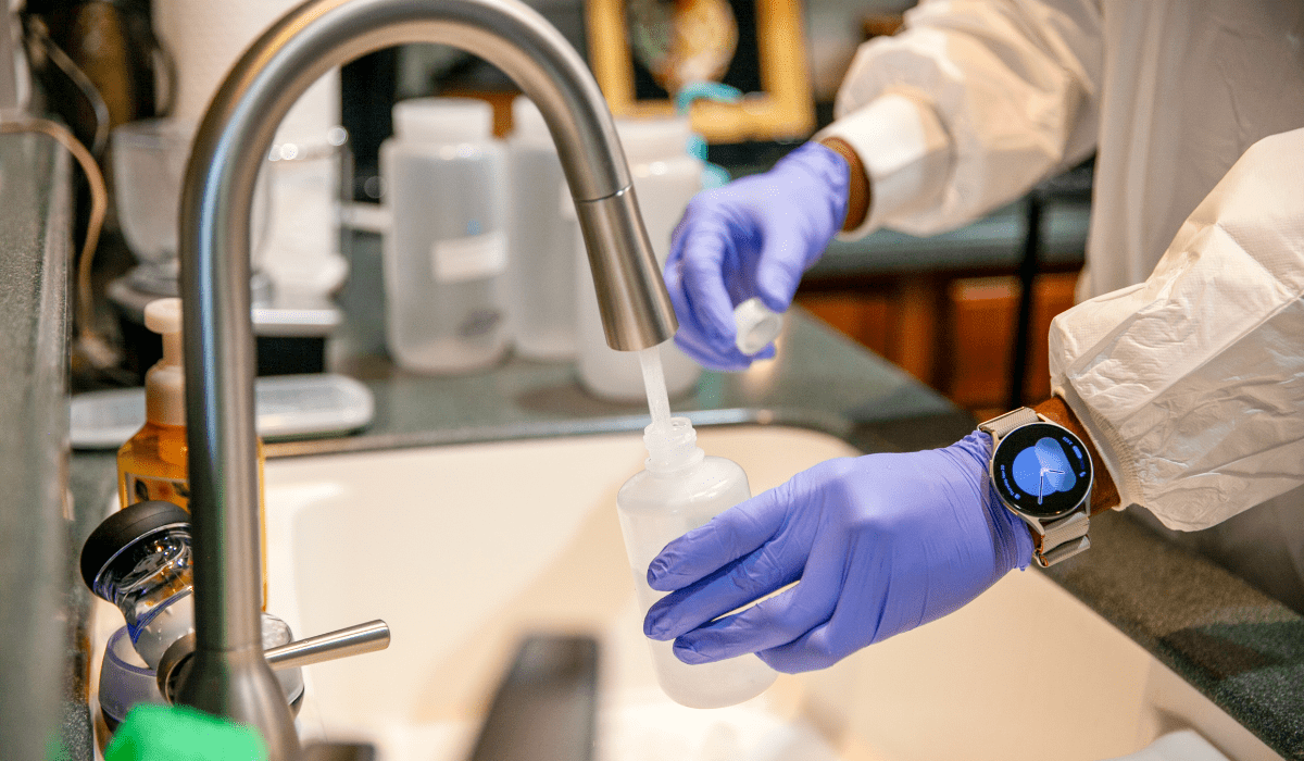 two hands with sterile gloves on take water sample at kitchen