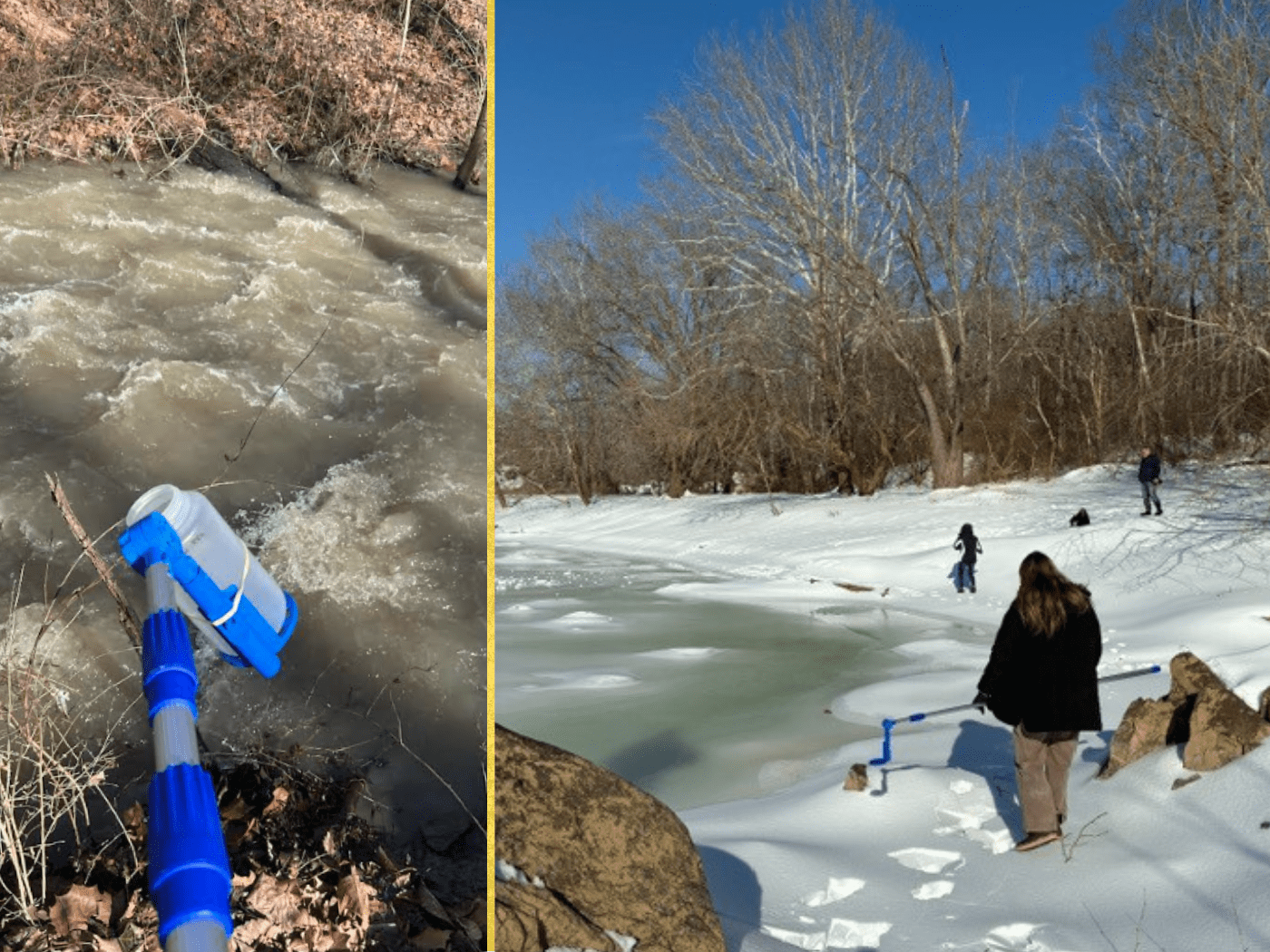 2 images: a water sample bottle over sewage spill and students collect water samples in the snow